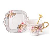 fanquare Ensembles de Tasse à Thé Grise 200ml avec Soucoupe, Tasse à Café en Porcelaine avec Grande Anse, Soucoupe Carrée avec Bord Doré