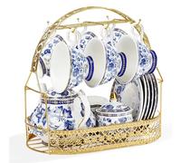 fanquare Fleur Bleue Service à Thé en Porcelaine avec Support en Métal, Tasse et Soucoupe à Café Vintage en Porcelaine, Service à Café Anglais pour Adultes