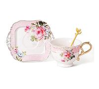 fanquare Fleur Tasse à Thé et Soucoupe Set, Rose Tasse à Thé avec Poignée Dorée, 200ml Cadeau Tasse à Café en Porcelaine