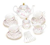 fanquare Fleurs Roses et Vignes Service à Thé de l’après-midi, 21 Pièces Ensemble de Théière en Porcelaine Britannique, Service à Café de Fête de Mariage Vintage, Service à Thé Adulte pour 6