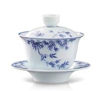 fanquare Gaiwan Bleu et Blanc Bol à Thé Sancai Traditionnel Chinois en Porcelaine de Feuilles de Bambou avec Couvercle Set de Couvertures pour Tasses à Thé et Soucoupes 180ML