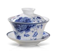 fanquare Gaiwan Bleu et Blanc Bol à Thé Sancai Traditionnel Chinois en Porcelaine de Fleurs de Pivoine avec Couvercle Set de Couvertures pour Tasses à Thé et Soucoupes 220ML