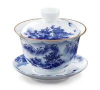 fanquare Gaiwan Bleu et Blanc Bol à Thé Sancai Traditionnel Chinois en Porcelaine de Paysage avec Couvercle Set de Couvertures pour Tasses à Thé et Soucoupes 180ML
