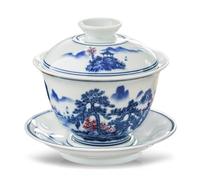 fanquare Gaiwan Bleu et Blanc Bol à Thé Sancai Traditionnel Chinois en Porcelaine de Pins Verts avec Couvercle Set de Couvertures pour Tasses à Thé et Soucoupes 160ML