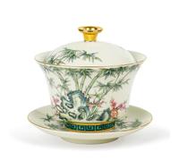 fanquare Gaiwan Chinois Bol à Thé Sancai en Porcelaine avec Couvercle en Fleurs de Prunier Rouges et Bambou Vert Set de Tasses à Thé et Soucoupes Vintage 200ML
