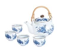 fanquare Japonais Service à Thé en Porcelaine Bleu et Blanc, Service à Thé Motif Fleur de Prunier, Théière en céramique avec Poignée en Rotin et 4 Tasses