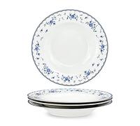 fanquare Lot de 4 Assiette Creuse en Porcelaine, 21.8cm Assiettes à Pâtes Bleu et Blanc, Bols à Soupe Blanche