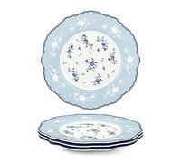 fanquare Lot de 4 Assiettes à Dessert en Porcelaine, 20.8cm Petite Assiettes en Céramique Fleurs Bleu, Service Vaisselle avec Bordure Dorée