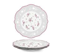 fanquare Lot de 4 Assiettes à Dessert en Porcelaine, 20.8cm Petite Assiettes en Céramique Fleurs Rose, Service Vaisselle avec Bordure Dorée