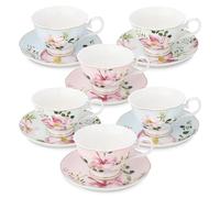 fanquare Lot de 6 Tasses à Thé et Soucoupes à Motifs Floraux, Différentes Fleurs aux Couleurs Pastel Tasse à Café en Porcelaine avec Bord Doré, Lavable au lave-vaisselle et Résistante au Congélateur
