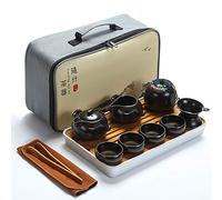 fanquare Portable Kungfu Service à Thé Chinois, Ensemble de Thé Kungfu Fait Main, Théière en Porcelaine, Tasses à Thé, Plateau à Thé en Bambou et Un Sac pour Voyage, Noir