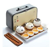 fanquare Portable Kungfu Service à Thé Chinois, Ensemble de Thé Kungfu Fait Main, Théière en Porcelaine, Tasses à Thé, Plateau à Thé en Bambou et Un Sac pour Voyage, Blanc