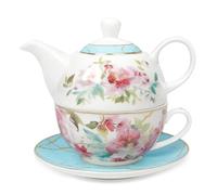fanquare Rose Fleuri Service de Thé pour une Personne, Tasse de thé et Soucoupe Set avec bord doré, Porcelaine Café et Tasse Set pour cadeau, Bleu