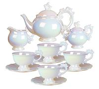 fanquare Service à Thé 15 Pièces en Porcelaine Anglaise, Ensemble de Thé Couleurs Irisées Moderne pour Femme, Grand Service à Café Blanche Arc-en-ciel