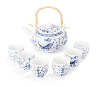 fanquare Service à Thé Bleu et Blanc Théière à Fleurs et Papillons avec Infuseur Service de Théières Chinoises pour Adultes Cadeaux, Une Théière avec 6 Tasses