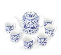 fanquare Service à Thé Bleu et Blanc Théière Florale en Porcelaine avec Infuseur Service de Théières Chinoises pour Adultes Cadeaux, Une Théière avec 6 Tasses