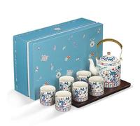 fanquare Service à Thé Chinois Théière et Tasses en Porcelaine Colorée en Bambou Pin Prune avec Infuseur pour Adultes Cadeaux, Une Théière avec 6 Tasses