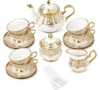 fanquare Service à Thé en Porcelaine de 21 Pièces avec Sucrier Crémier, Tasse et Soucoupes pour 6, Service à Café Floral Royal avec Garniture Dorée pour Cadeau d’anniversaire de Mariage de Fête