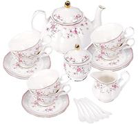 fanquare Service à Thé en Porcelaine, Ensemble de Tasse et Soucoupe à Thé, Service de Thé 6 Personnes, Théière de Mariage Pichet à Crème dans un Sucrier, Service à Café Flower China, Rose Rouge