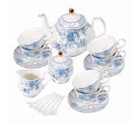 fanquare Service à Thé en Porcelaine Fleurs Bleues, Ensemble de Tasse et Soucoupe à Thé, Service de Thé 6 Personnes, Théière de Mariage Pichet à Crème Dans un Sucrier, Service à Café en Porcelaine