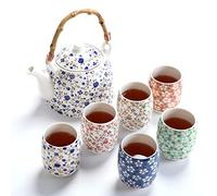 fanquare Service à Thé en Porcelaine Florale, Service à Thé Chinois Kung Fu Fait Main, 1 Théière, Set de 6 Tasses à Thé