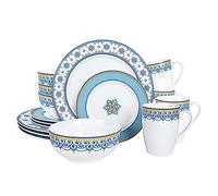 fanquare Service de Table Complet en Porcelaine 16 pièces pour 4 Personnes, Bols, Assiettes et Tasses Peints en Grain de Nuage Bleu Vif