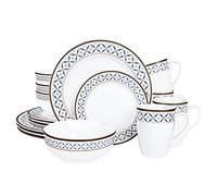 fanquare Service de Table Complet en Porcelaine 16 pièces pour 4 Personnes, Motif Géométrique Moderne, Assiettes, Bols, Tasses, Bordure Or Noir