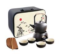 fanquare Service de Thé Kungfu Chinois avec Théière Réchauffeur, Théière en porcelaine Noire avec 4 Tasses, Ensemble de thé de Voyage avec Aachet