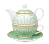 fanquare Service de Thé pour Une Personne avec Bord Doré, Ensemble de Théières Vertes pour Adultes, Tasse à Café en Céramique avec Soucoupe, Classique Rayé