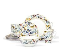 fanquare Services de Table Complet Moderne 16 Pièces en Porcelaine, Services de Vaisselle Or Vintage pour 4 Personnes, Assiettes Plates Fleurs Papillon, Bols, Tasses