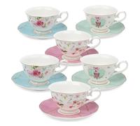 fanquare Set de 6 Tasses à Thé Rose et Soucoupes, Ensemble de Tasses à Thé Britannique pour Cadeau, Fleurs Colorées Service à Thé en Porcelaine