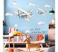 fanquare Stickers Muraux Avion Vintage Autocollant Mural Aquarelle Avions avec Nuages Décoration Murale pour Enfants Filles Chambre Décoration Salon