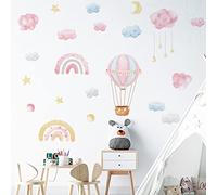 fanquare Stickers Muraux Montgolfière Arc-en-Ciel Autocollant Mural Nuages Roses Lune Étoiles Décoration Murale Aquarelle pour Chambre Enfants Filles Salon
