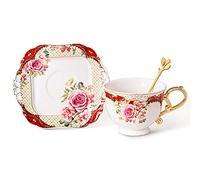fanquare Tasse à Café avec Soucoupe Rouge, Tasse Florale en Céramique avec Bord Doré, Ensembles de Tasses à Thé pour Mariage et Anniversaire de Mariage