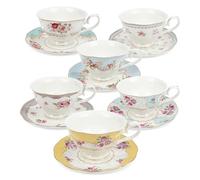 fanquare Tasse à Café en Porcelaine Florale Colorée avec Soucoupe, Service de Tasses à Thé Anglaises pour 6 Personnes, Set de Thé Rose Vintage pour Femmes