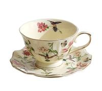 fanquare Tasse à café et soucoupe à fleurs et oiseaux, lot de 1 tasse à thé vintage en céramique avec bordure dorée, 250 ml, élégant cadeau pour un goûter