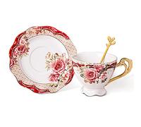 fanquare Tasse à Café Rouge Floral avec Soucoupe, Tasse à Thé en Porcelaine avec Bord Doré, Ensembles de Tasses à Café pour Le Mariage