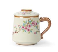 fanquare Tasse à Thé en Céramique avec Infuseur et Couvercle Tasses à Thé Chinoises à Fleurs Beige Grande Tasse à Thé pour Maison Voyage 450ml