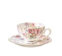 fanquare Tasse à thé et soucoupe à fleurs roses Ensemble vintage en porcelaine fine Tasse à café expresso cappuccino et assiette avec cuillère Cadeaux pour une fête l'après-midi