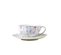 fanquare Tasse à thé et soucoupe à fleurs violettes, lot de 1 élégantes tasses à café en porcelaine britannique avec bordure dorée, cadeau pour maman ou une amie, goûter, 200 ml