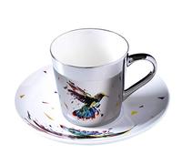 fanquare Tasse de Café Miroir de Réflexion Motif Oiseau, Mug en Porcelaine Argenté, Tasse à Thé et Soucoupe en Céramique, 250 ML