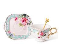 fanquare Tasse et Soucoupe Fleuries, Ensembles de Tasse à Café Vintage, Tasse à Café en Céramique pour Le Petit Déjeuner, Thé de l'après-midi, Vert