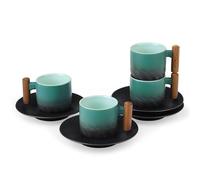 fanquare Tasses à Café et Soucoupes Ensemble de 4 Tasses à Thé en Céramique Bleue avec Manche en Bois Set de Tasses à Espresso pour Thé Latte Mocha Cafe