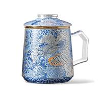 fanquare Tasses à Thé Chinoises Loong Tasse à Thé en Porcelaine Bleue avec Infuseur et Couvercle Grande Tasse à Café Traditionnelle en Céramique avec Anse