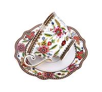 fanquare Vintage Tasse à Café en Porcelaine Fine Motif Fleurs Rouges, Ensemble de Tasse avec Soucoupe en Porcelaine, 200 ML