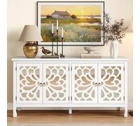 Fansafurn Armoire de buffet sculptée de 160 cm avec porte miroir, console moderne avec rangement et étagères réglables, armoire multimédia en bois pour entrée, salon, chambre à coucher, salle à manger