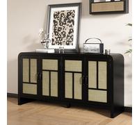 FansaFurn Armoire de rangement de 140 cm avec 4 portes en rotin, buffet bohème avec étagères réglables, grande table d'entrée pour cuisine, couloir, salle à manger, salon, noir