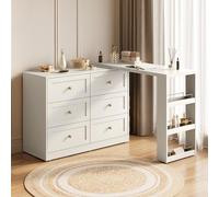 FansaFurn Bureau d'angle extensible, table de maquillage 3 en 1 avec plateau rotatif, 3 étagères latérales et 6 tiroirs, table de coiffeuse en forme de L et commode pour chambre à coucher, dressing