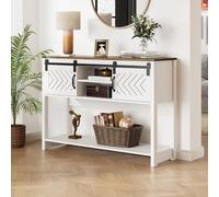 FansaFurn Table console avec étagère de rangement et porte de grange coulissante, table d'entrée de ferme avec rangement, canapé long étroit de 116,8 cm, table console pour salon, blanc et chêne