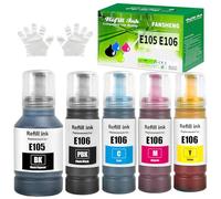 FANSHENG 105 106 Encre Compatible avec Epson E105 E106 Multipack Bouteille d'encre pour EP L-7160 L-7180 ET-7700 ET-7750 Imprimantes(5 Pack, Noir/Noir Photo/Cyan/Magenta/Jaune)